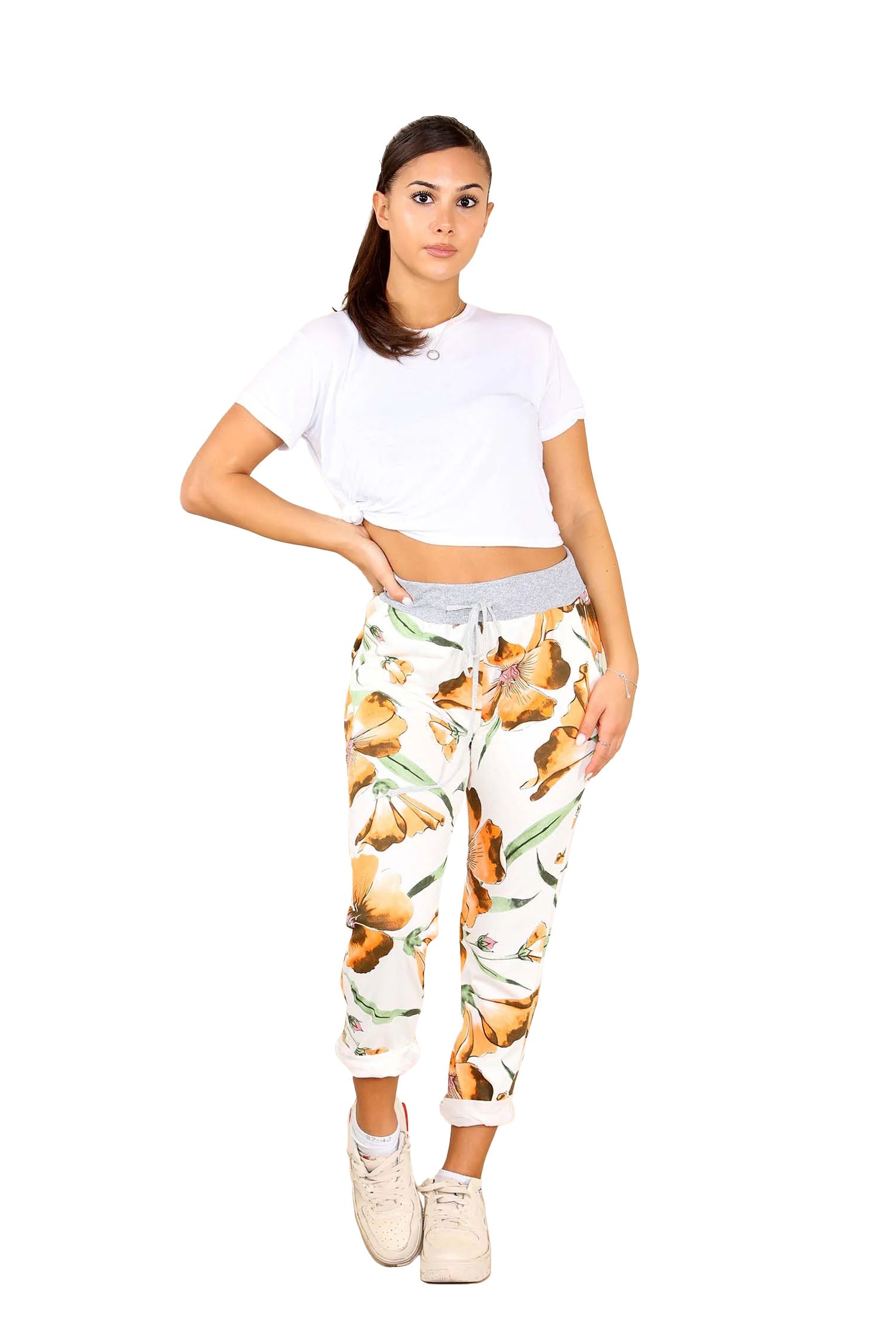 Italian Floral Print Drawstring Cotton Joggers - Mustard