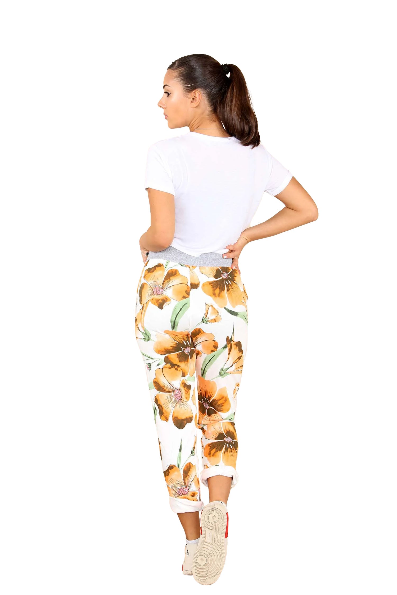 Italian Floral Print Drawstring Cotton Joggers - Mustard