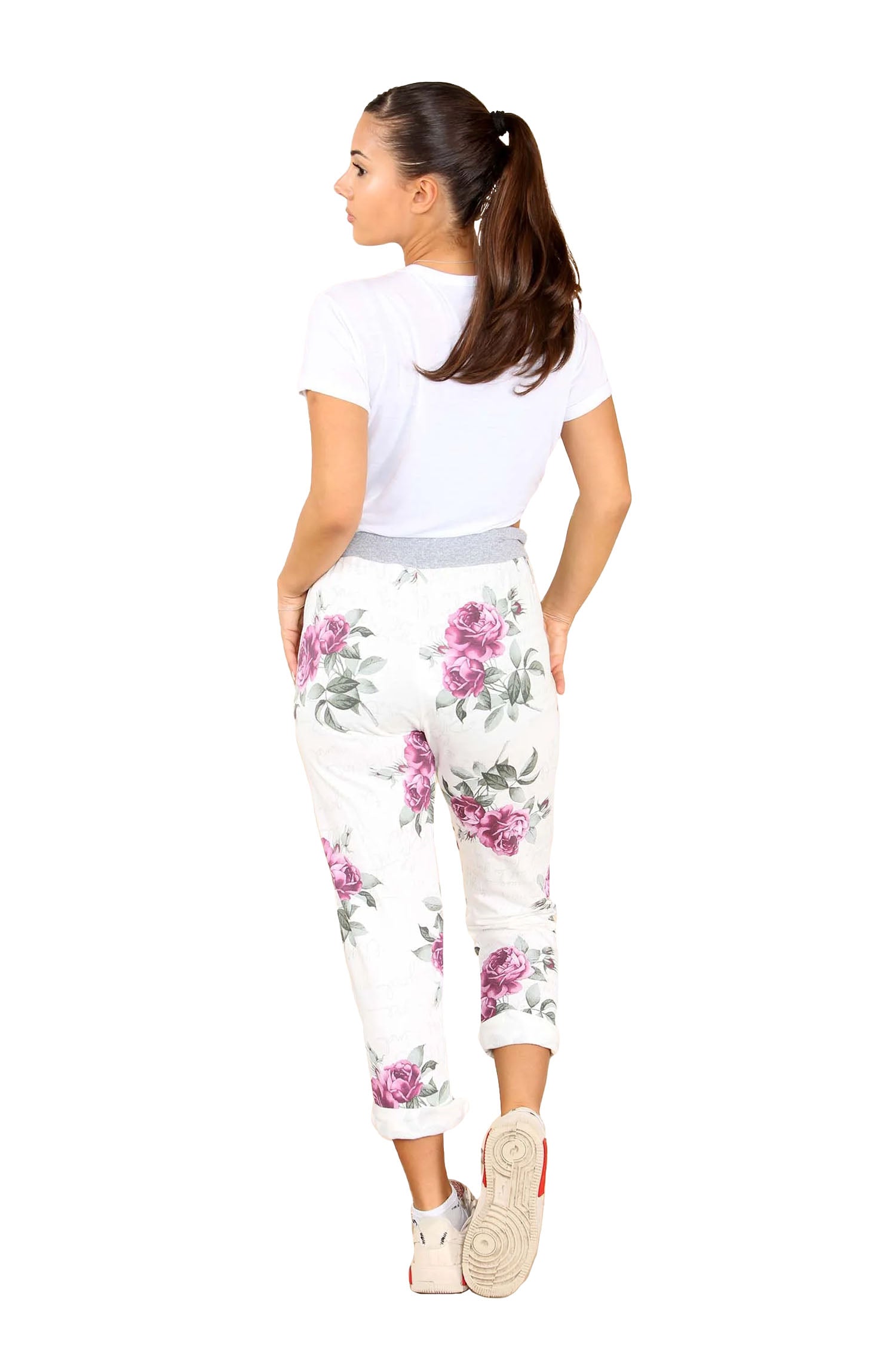 Italian Floral Print Drawstring Cotton Joggers - Pink