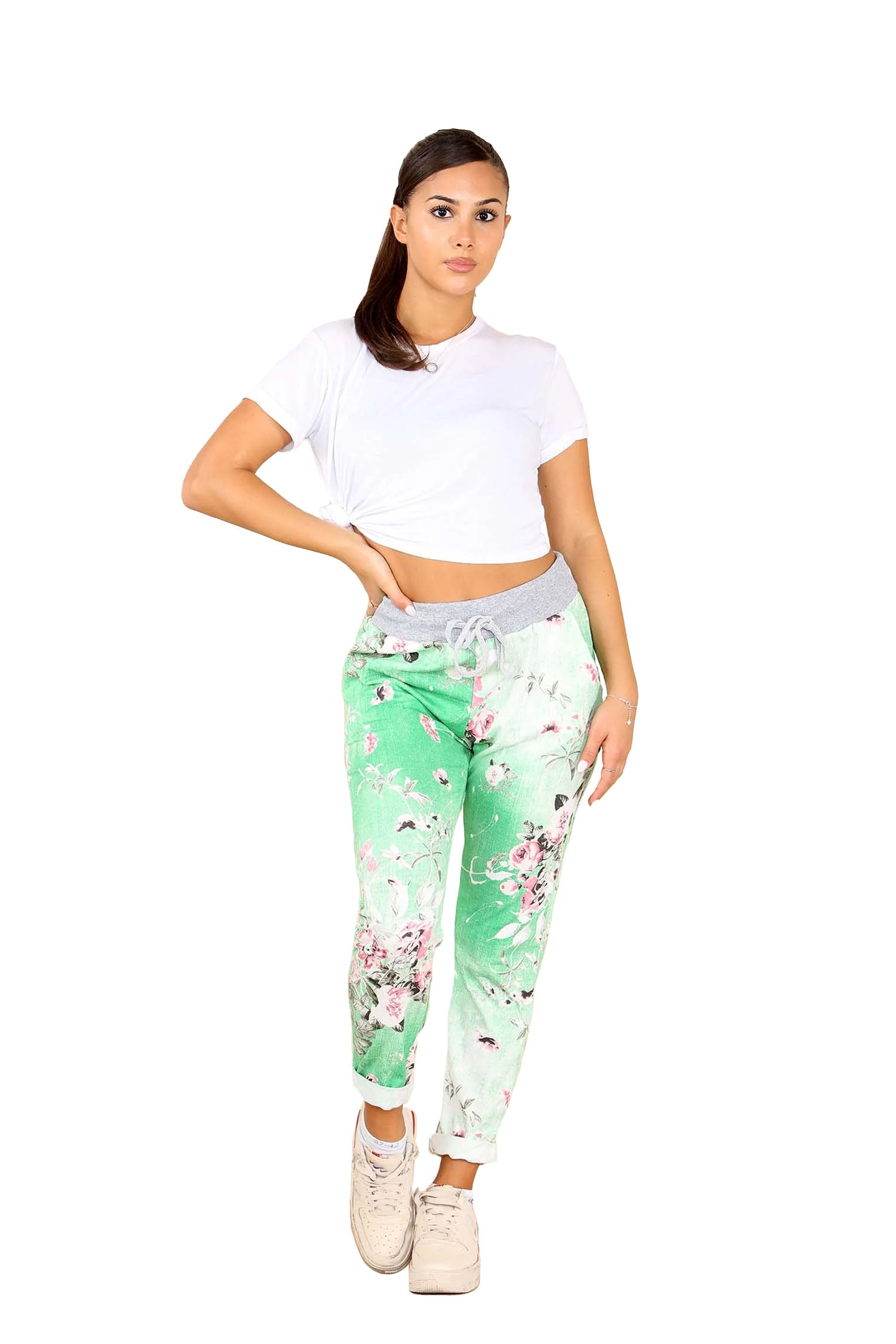 Italian Floral Print Drawstring Cotton Joggers - Pista