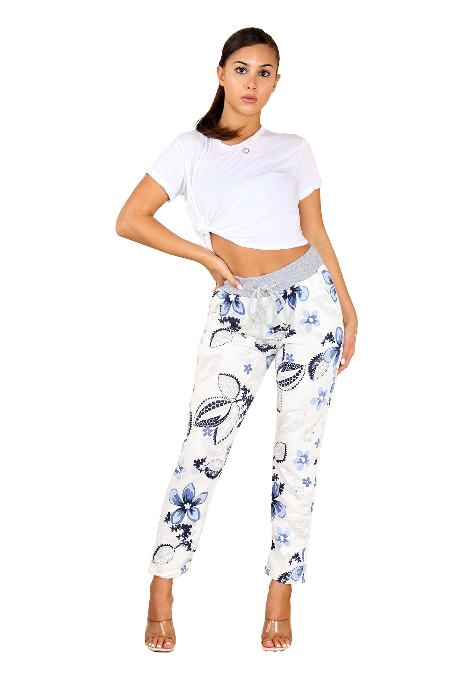 Italian Floral Print Drawstring Cotton Joggers - White