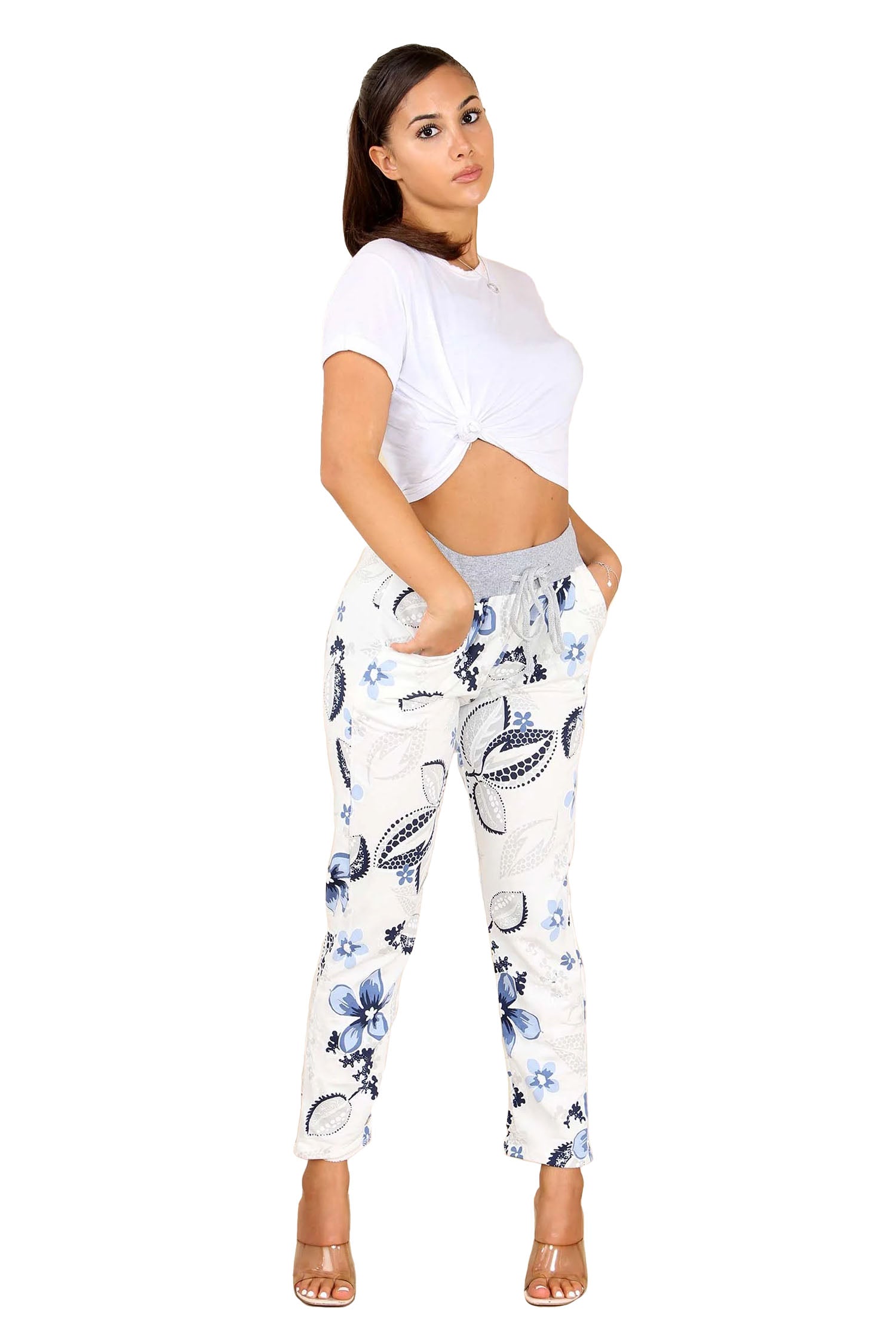 Italian Floral Print Drawstring Cotton Joggers - White