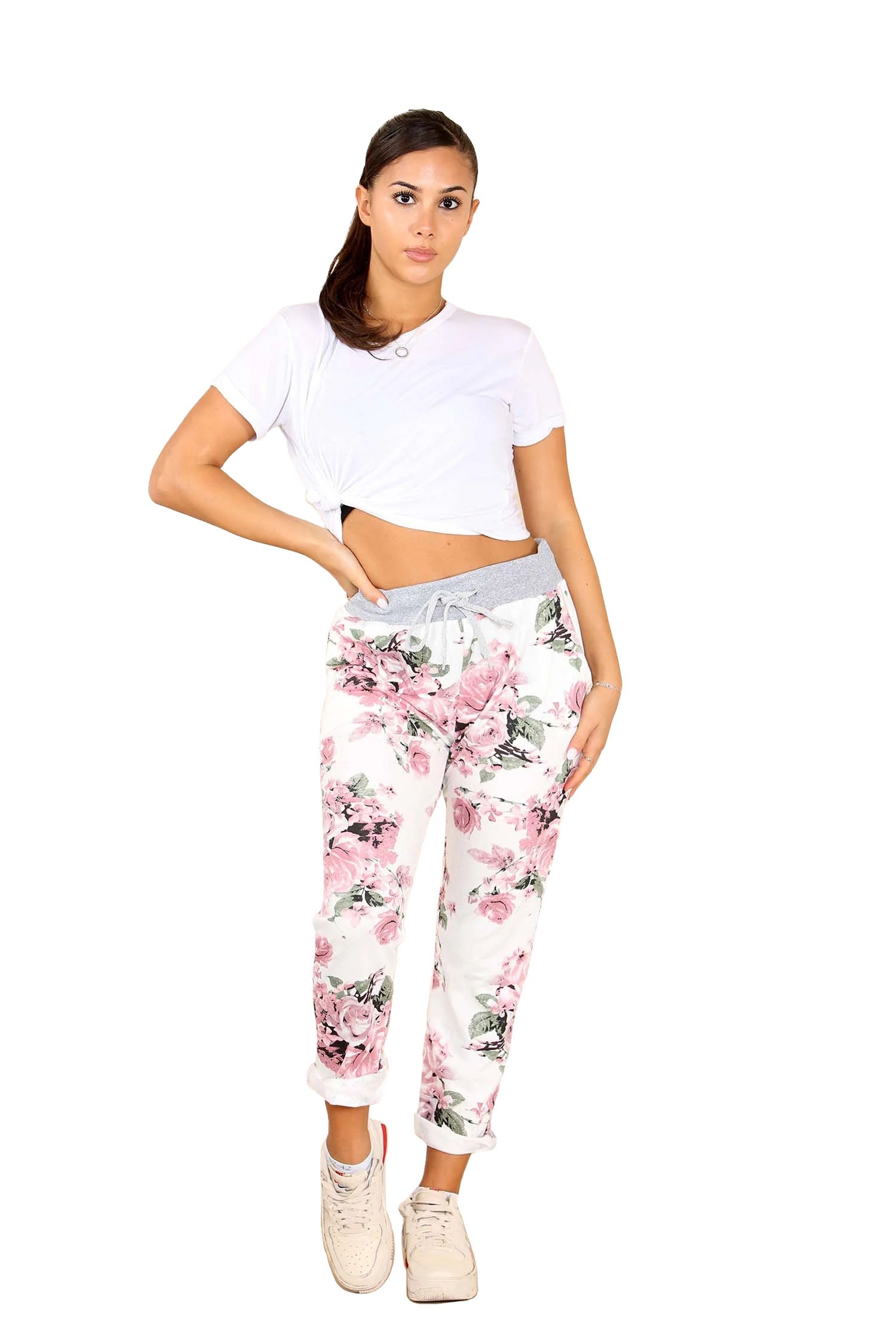 Italian Floral Print Drawstring Cotton Joggers - White