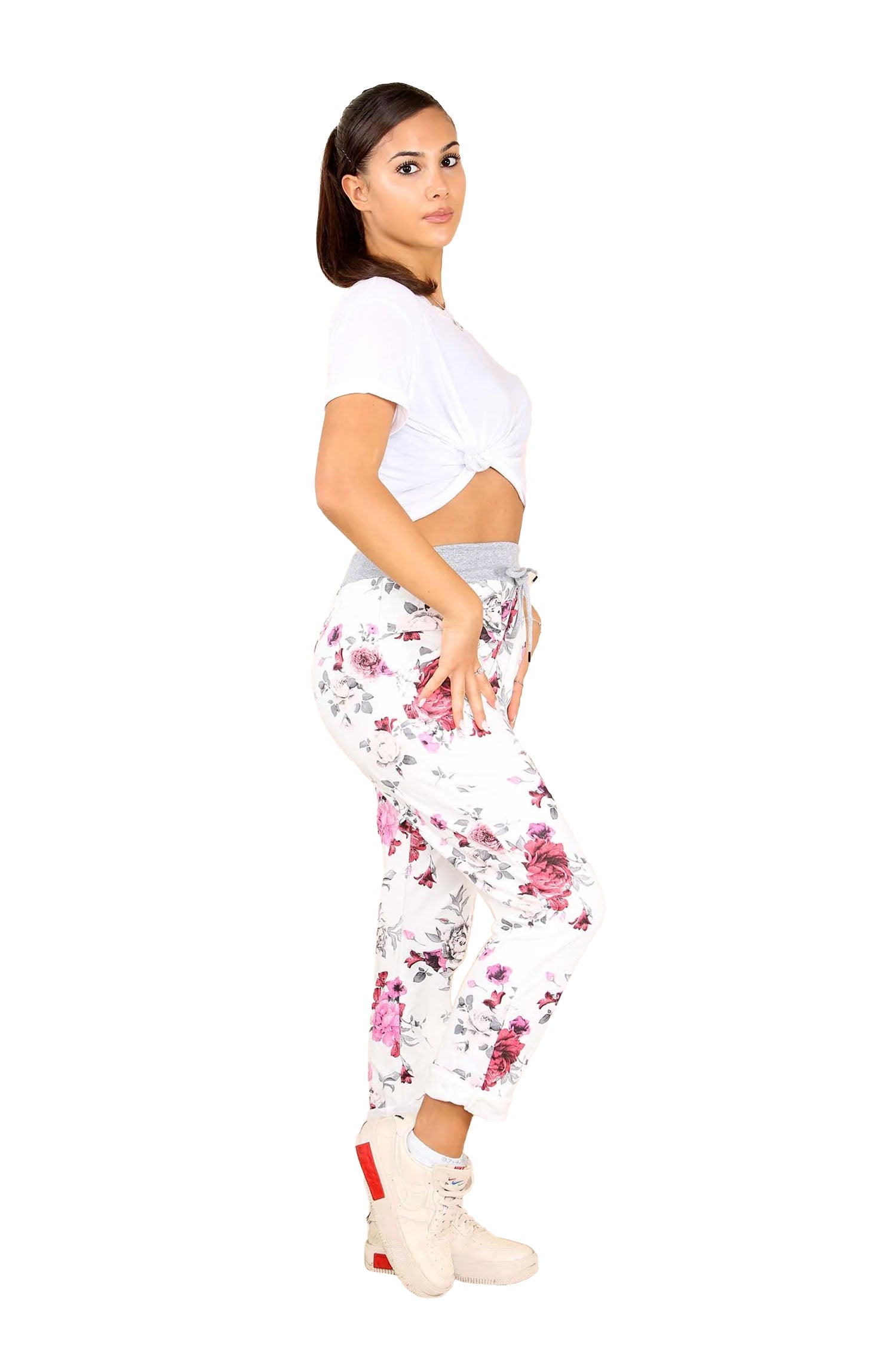 Italian Floral Print Drawstring Cotton Joggers - White