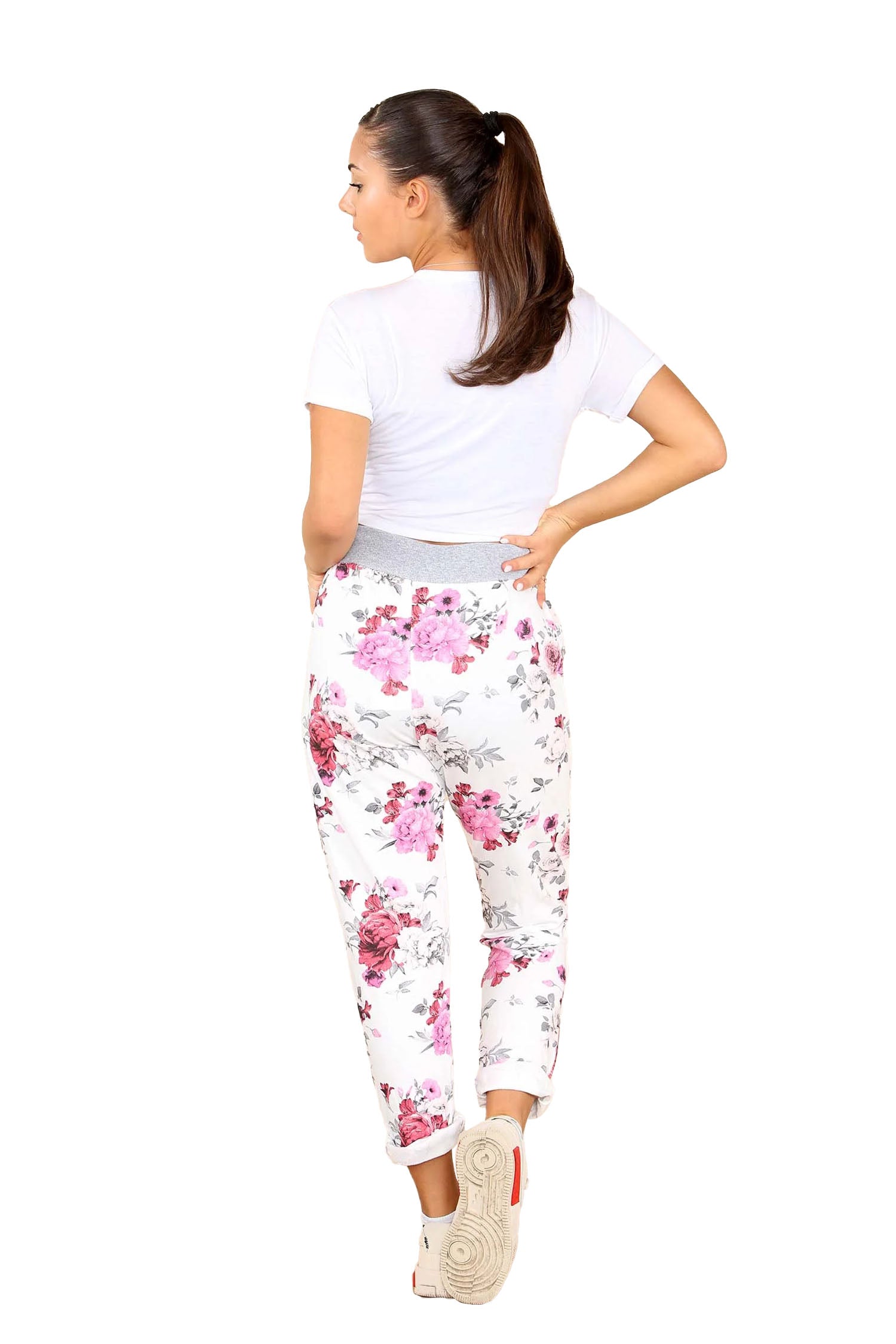 Italian Floral Print Drawstring Cotton Joggers - White