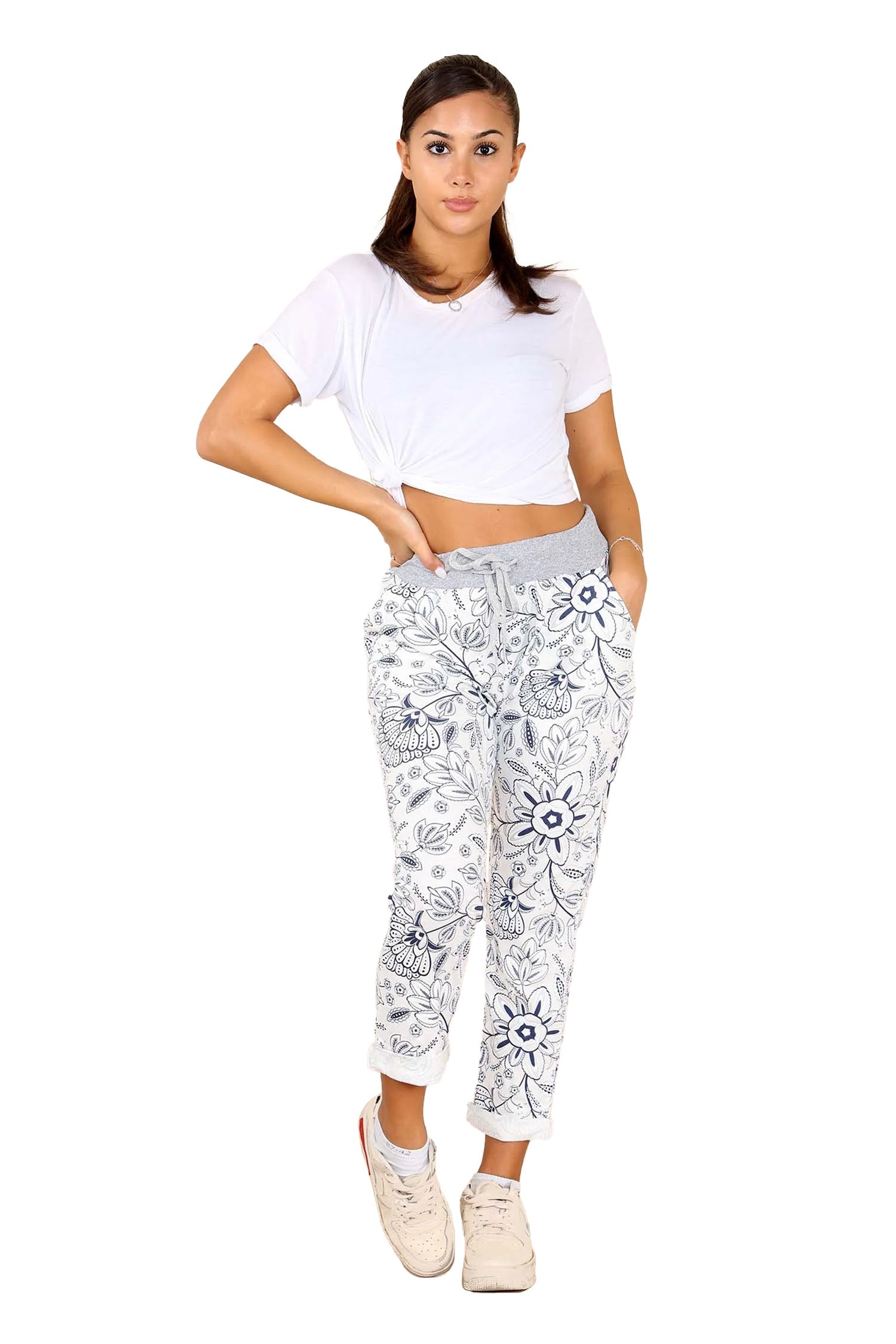 Italian Flower Bale Print Drawstring Cotton Joggers - White