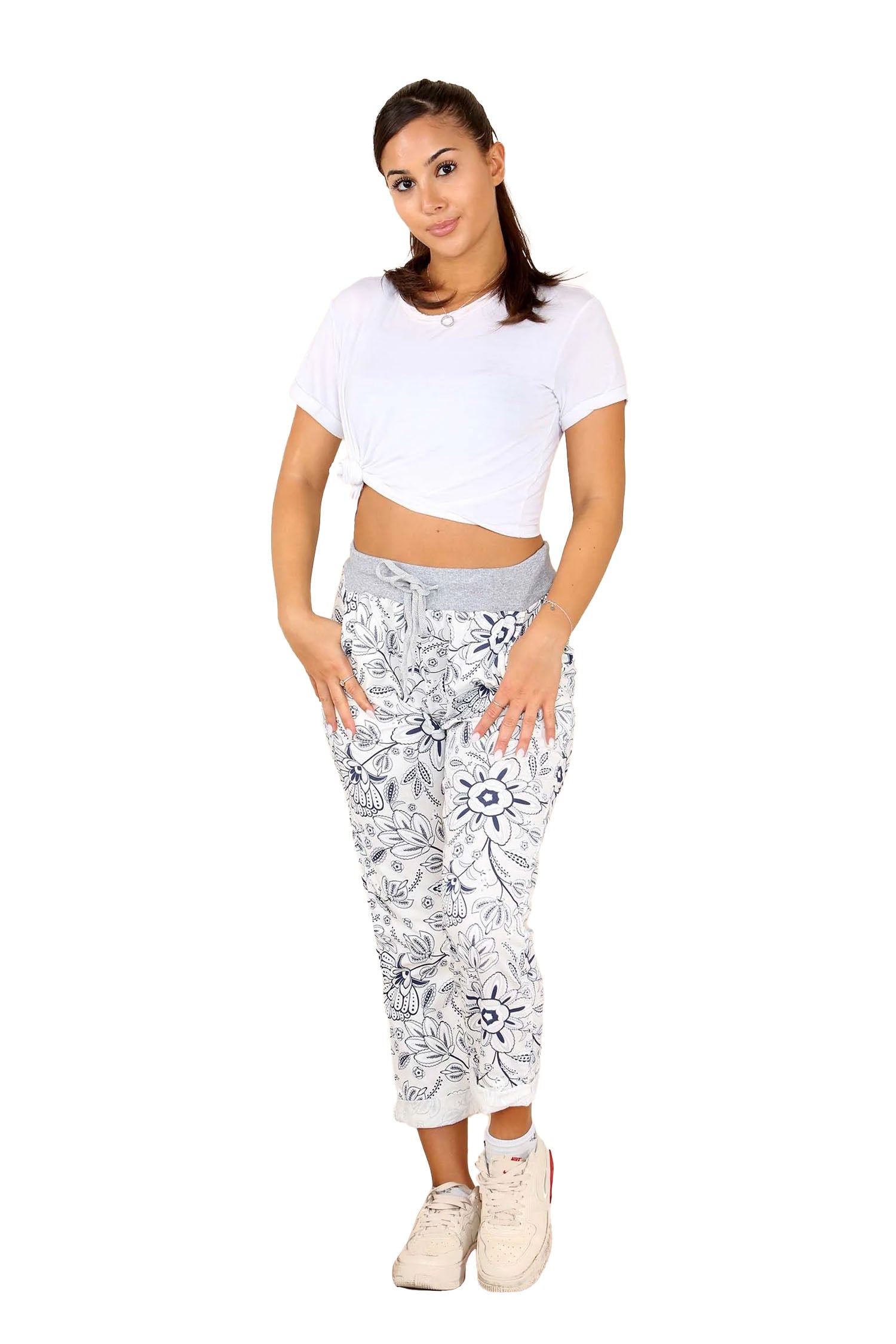 Italian Flower Bale Print Drawstring Cotton Joggers - White