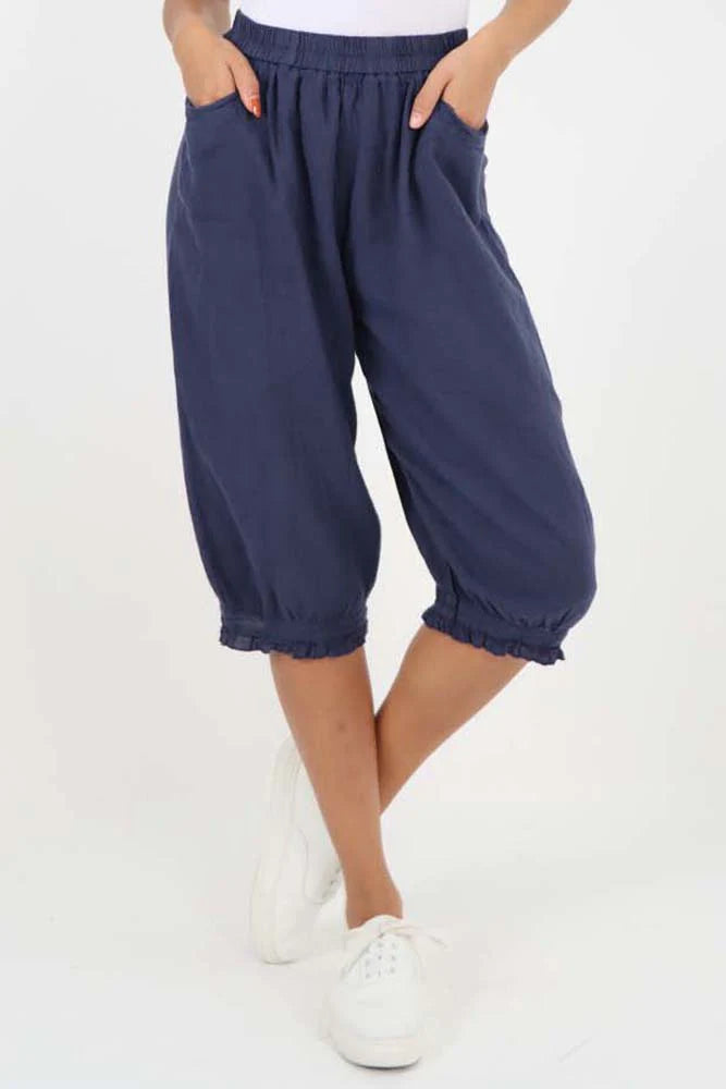 Italian Frill Hem 3/4 Linen Jogger - Dark Denim