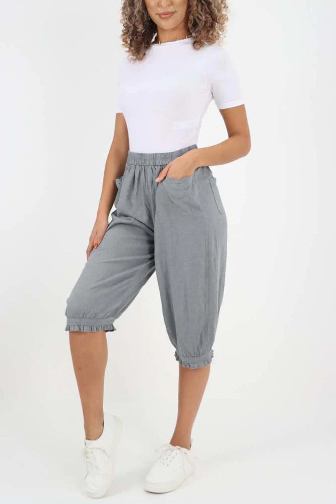 Italian Frill Hem 3/4 Linen Jogger - Grey