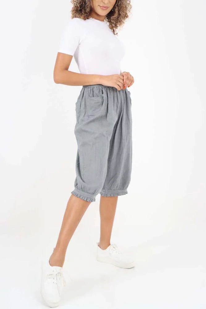 Italian Frill Hem 3/4 Linen Jogger - Grey