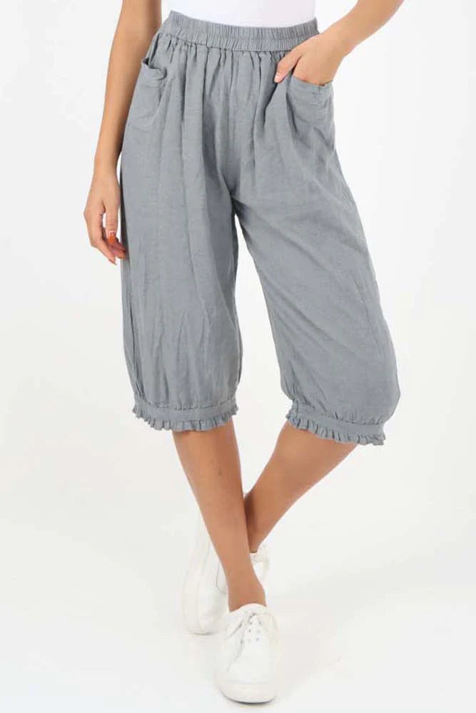 Italian Frill Hem 3/4 Linen Jogger - Grey