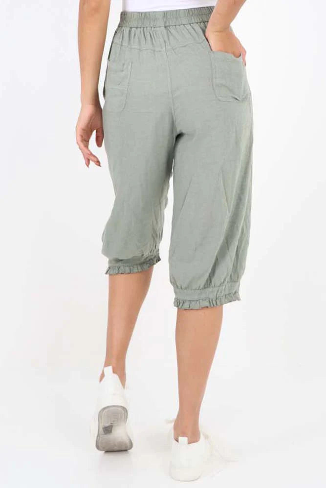 Italian Frill Hem 3/4 Linen Jogger - Khaki