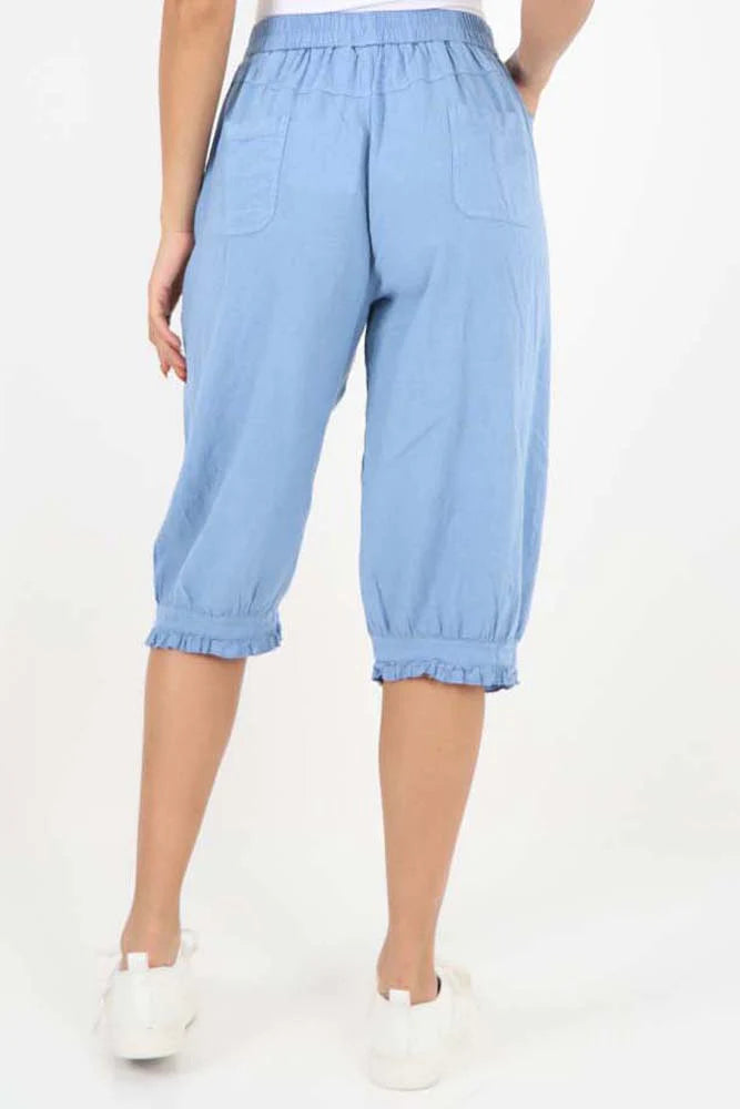 Italian Frill Hem 3/4 Linen Jogger - Light Denim