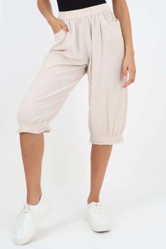 Italian Frill Hem 3/4 Linen Jogger - Nude