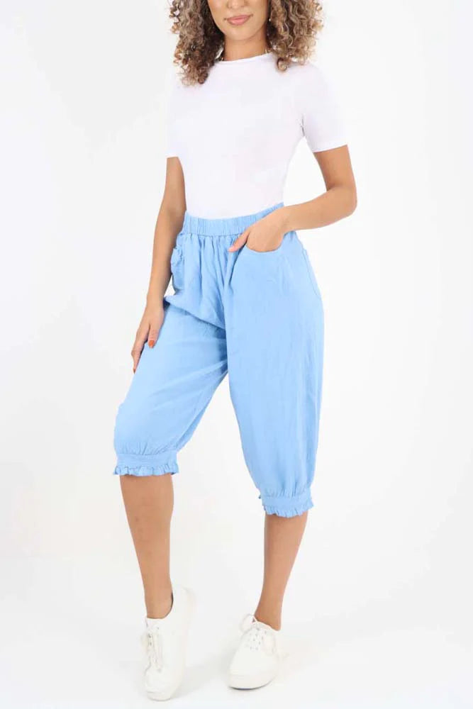 Italian Frill Hem 3/4 Linen Jogger - Sky Blue