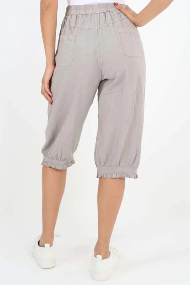 Italian Frill Hem 3/4 Linen Jogger - Stone