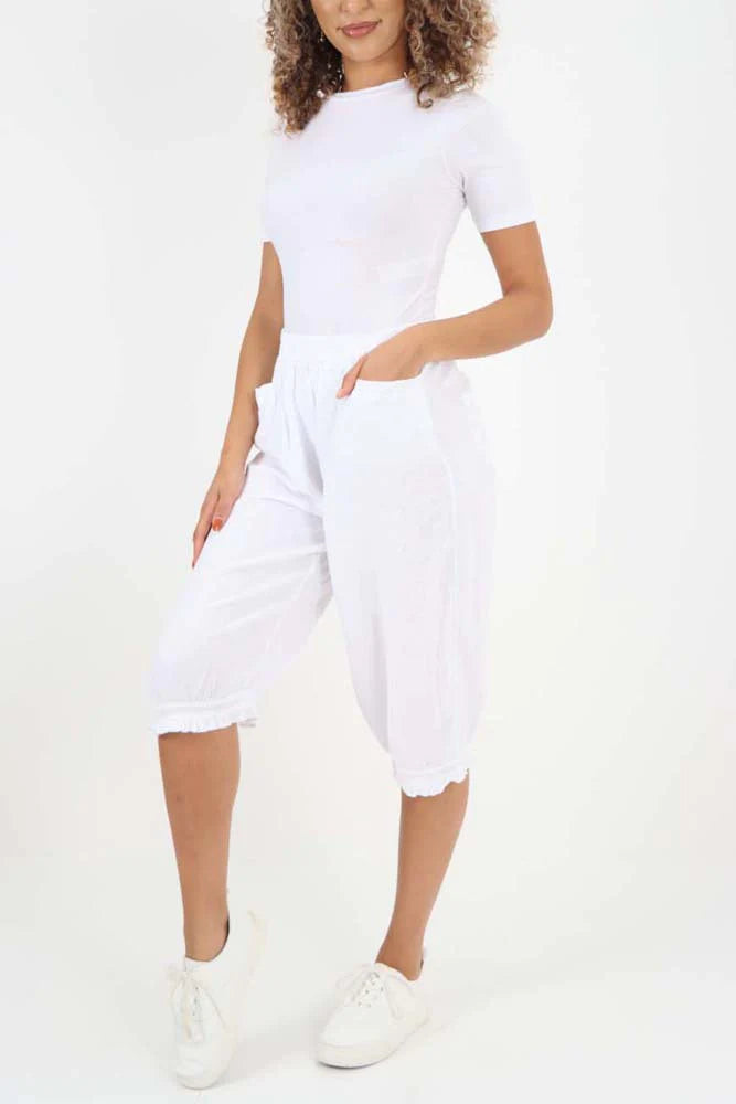 Italian Frill Hem 3/4 Linen Jogger - White