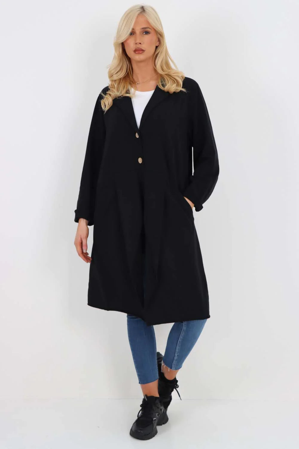 Italian Front Button Fastening Longline Cotton Cardigan - Black