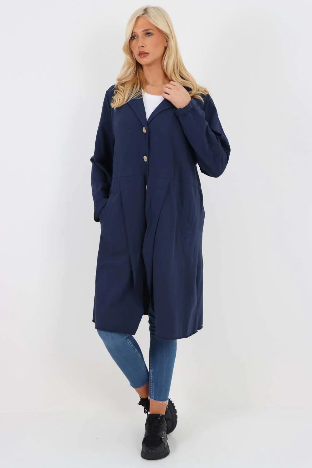 Italian Front Button Fastening Longline Cotton Cardigan - Blue