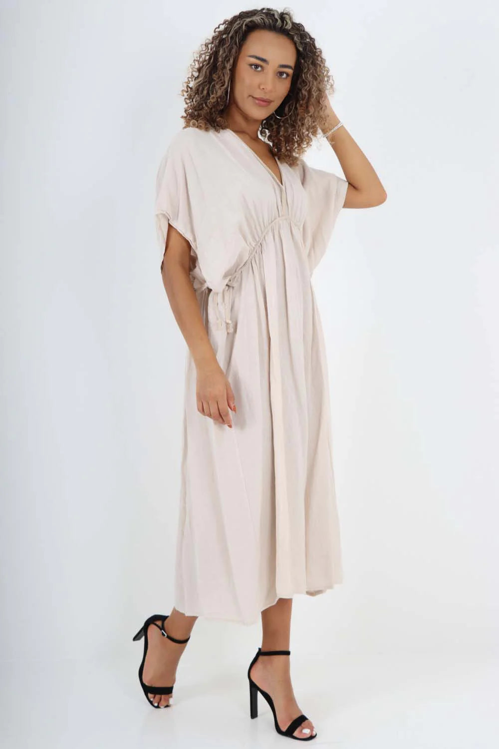 Italian Drawestring Front Flared Linen Dress - Beige