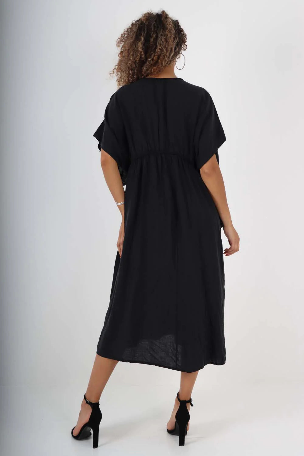 Italian Drawestring Front Flared Linen Dress - Black