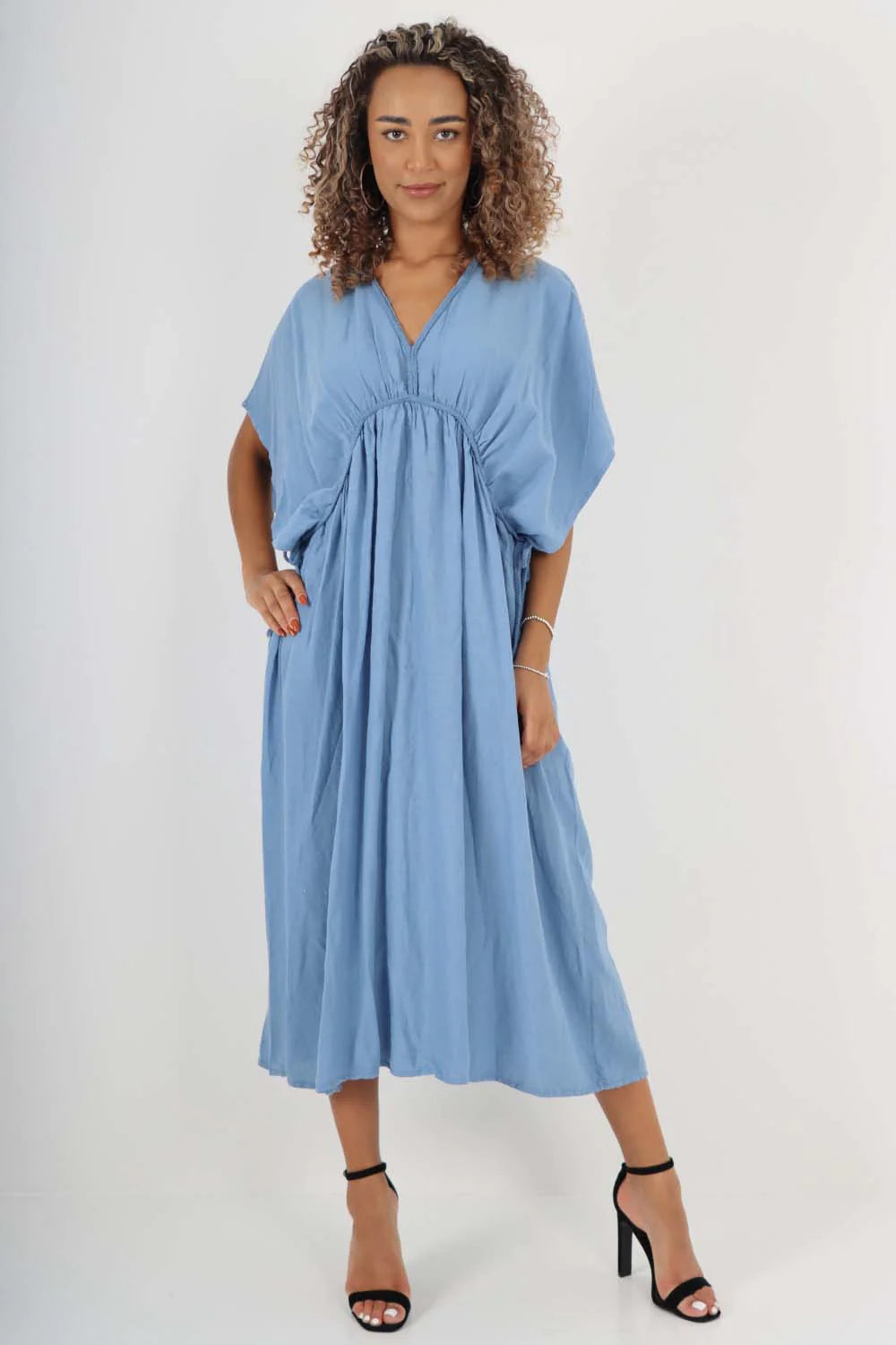 Italian Drawestring Front Flared Linen Dress - Blue