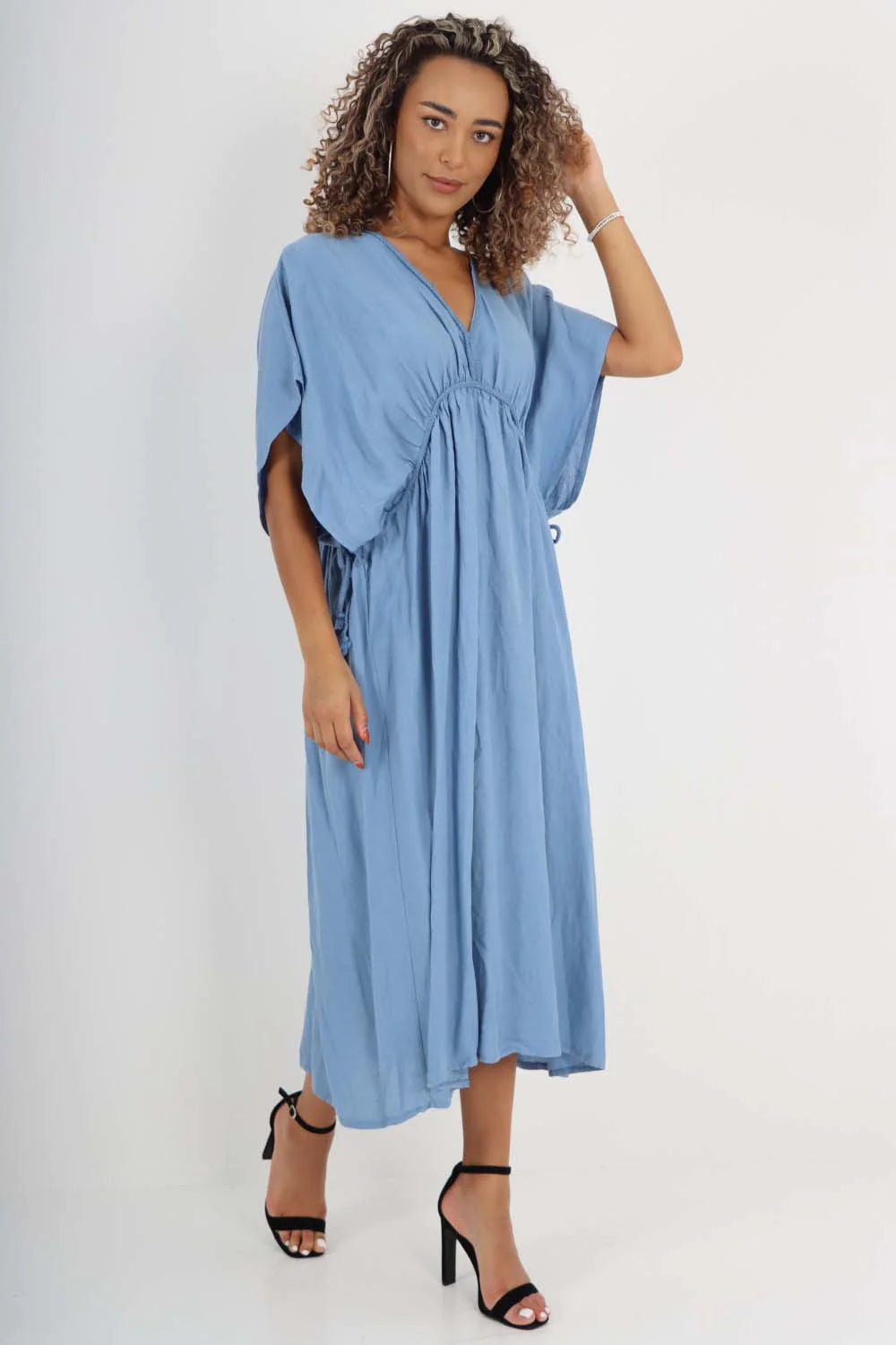 Italian Drawestring Front Flared Linen Dress - Blue