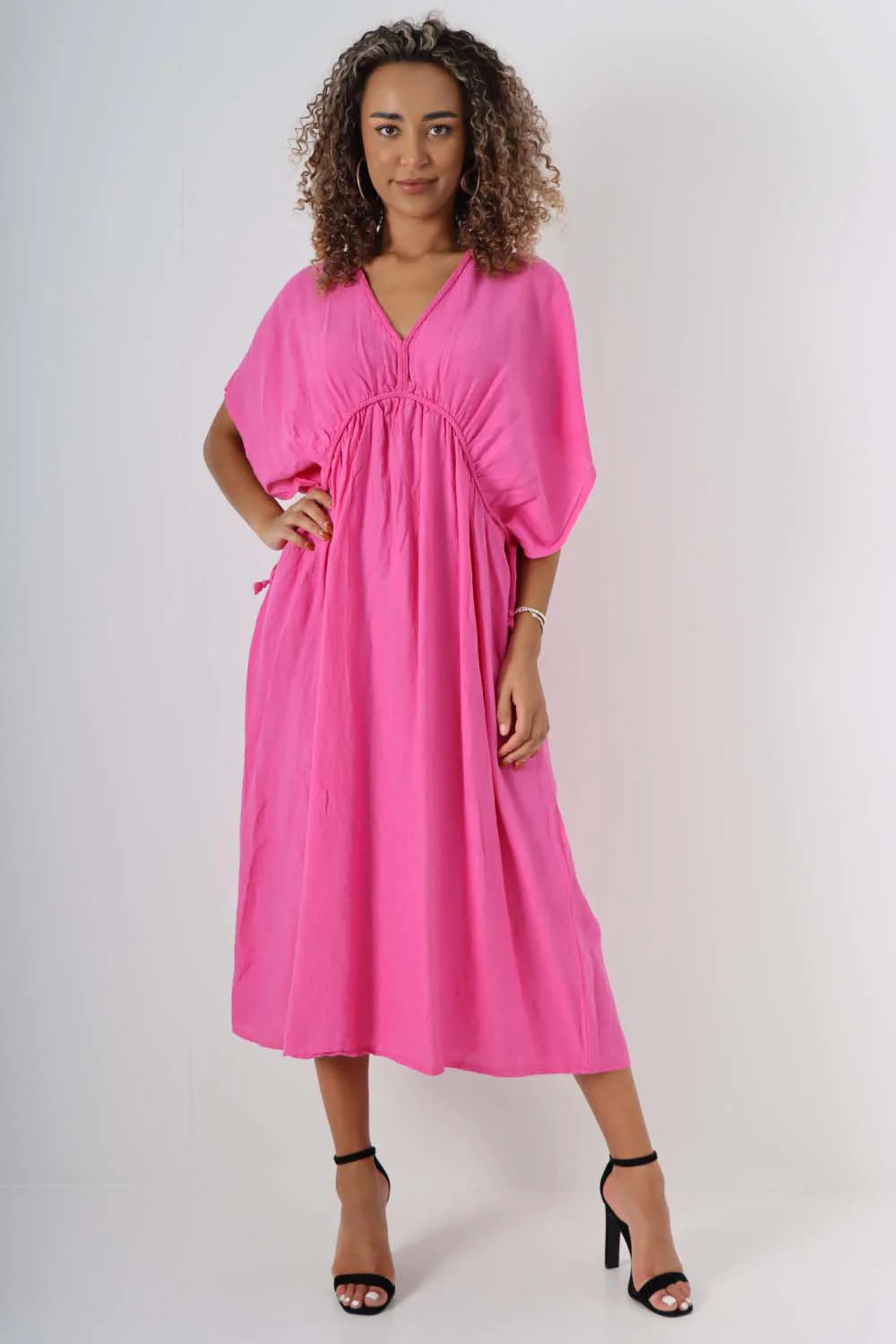 Italian Drawestring Front Flared Linen Dress - Fuchsia