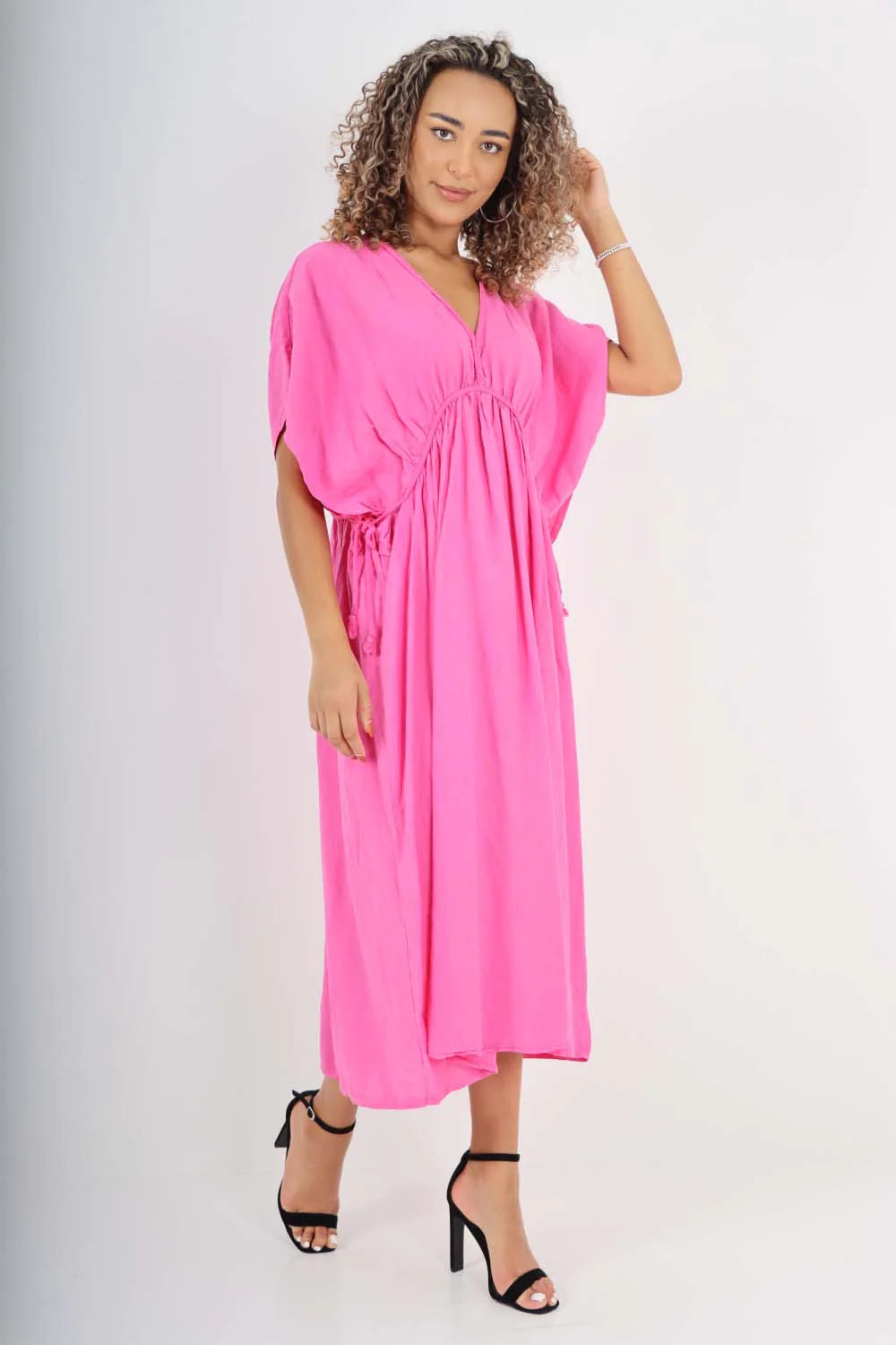 Italian Drawestring Front Flared Linen Dress - Fuchsia