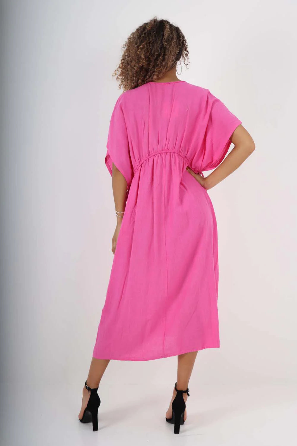 Italian Drawestring Front Flared Linen Dress - Fuchsia