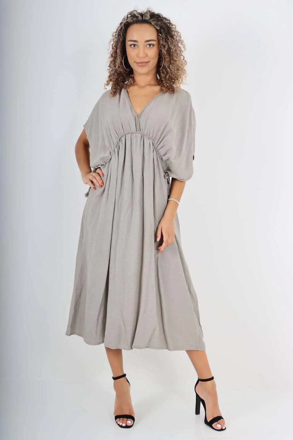 Italian Drawestring Front Flared Linen Dress - Grey