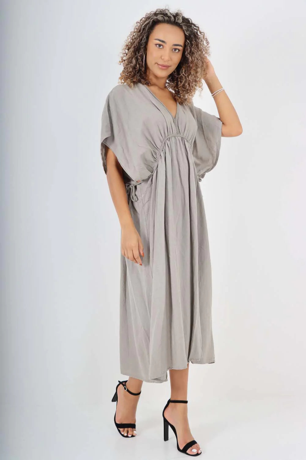 Italian Drawestring Front Flared Linen Dress - Grey