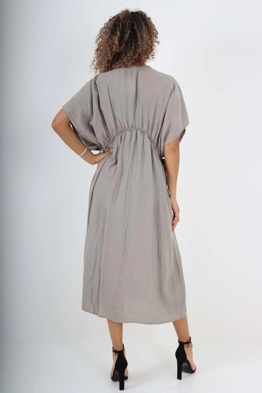 Italian Drawestring Front Flared Linen Dress - Grey