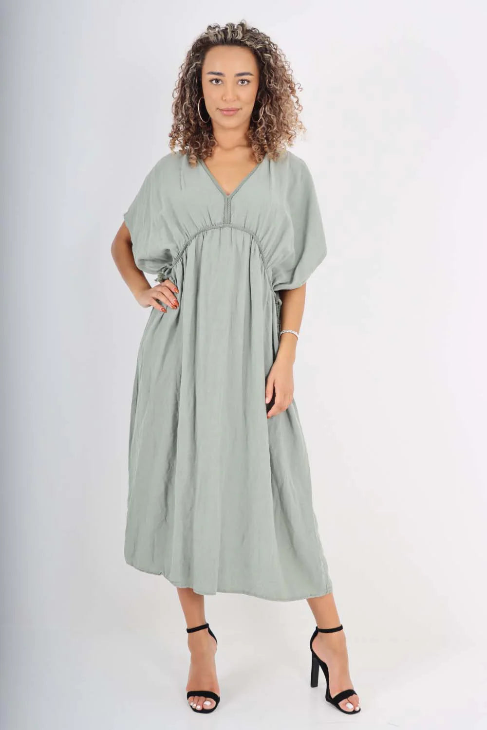 Italian Drawestring Front Flared Linen Dress - Khaki