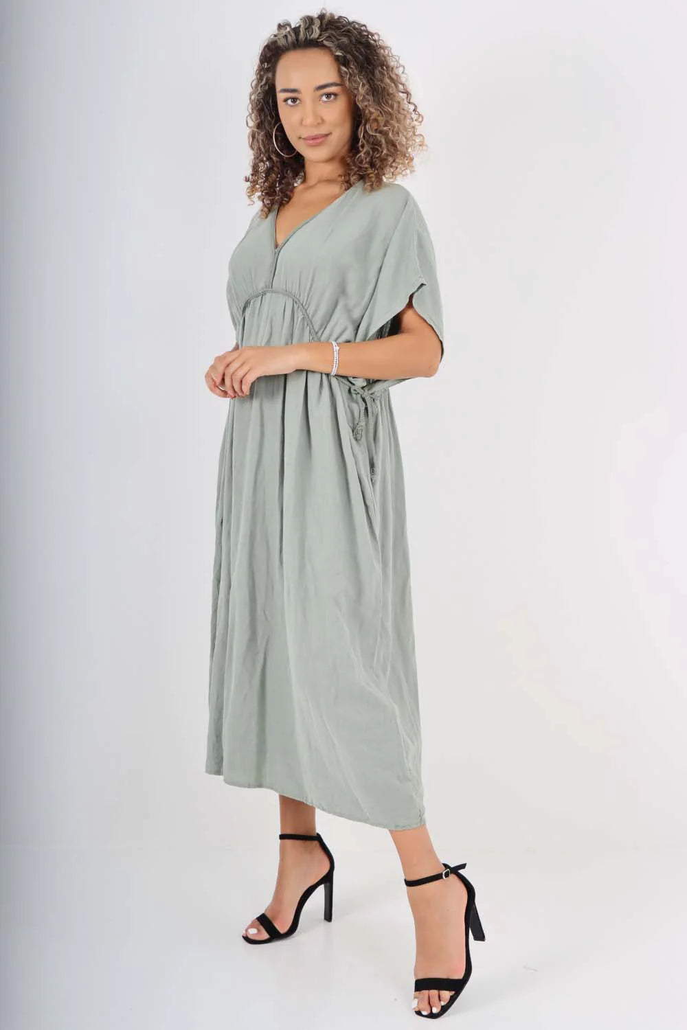 Italian Drawestring Front Flared Linen Dress - Khaki