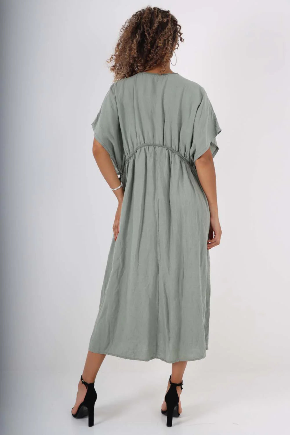 Italian Drawestring Front Flared Linen Dress - Khaki