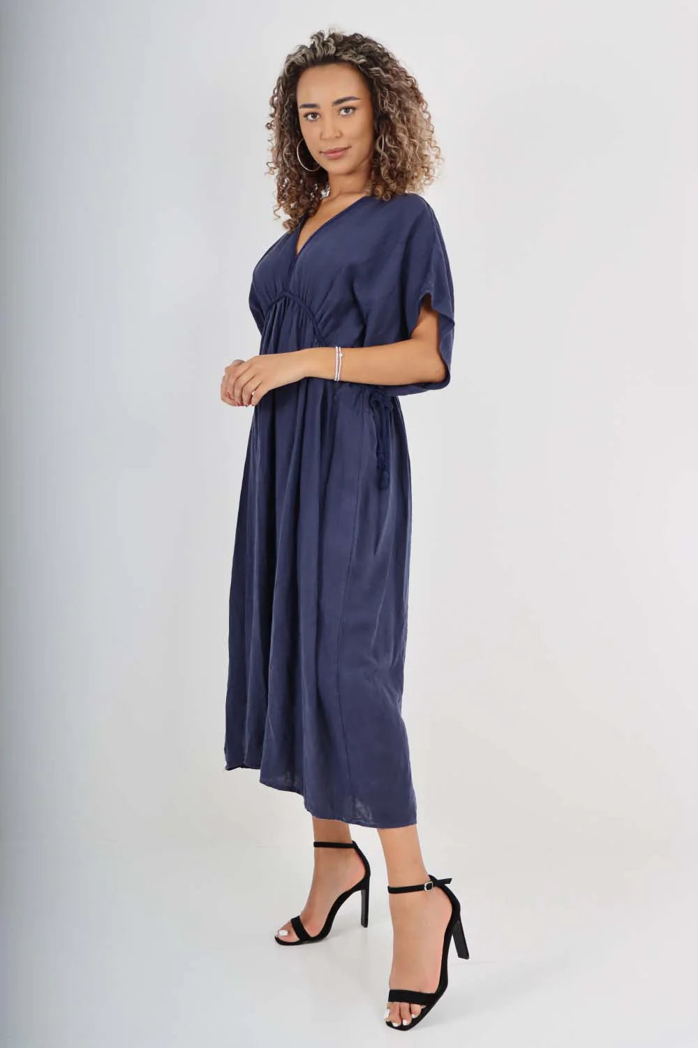 Italian Drawestring Front Flared Linen Dress - Navy Blue