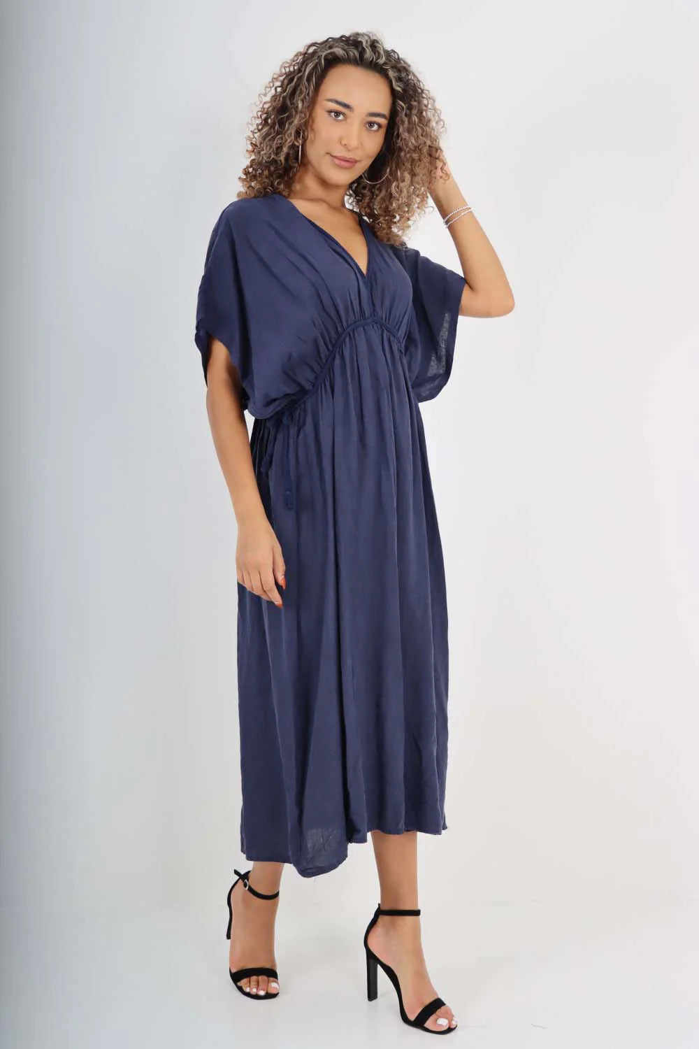 Italian Drawestring Front Flared Linen Dress - Navy Blue