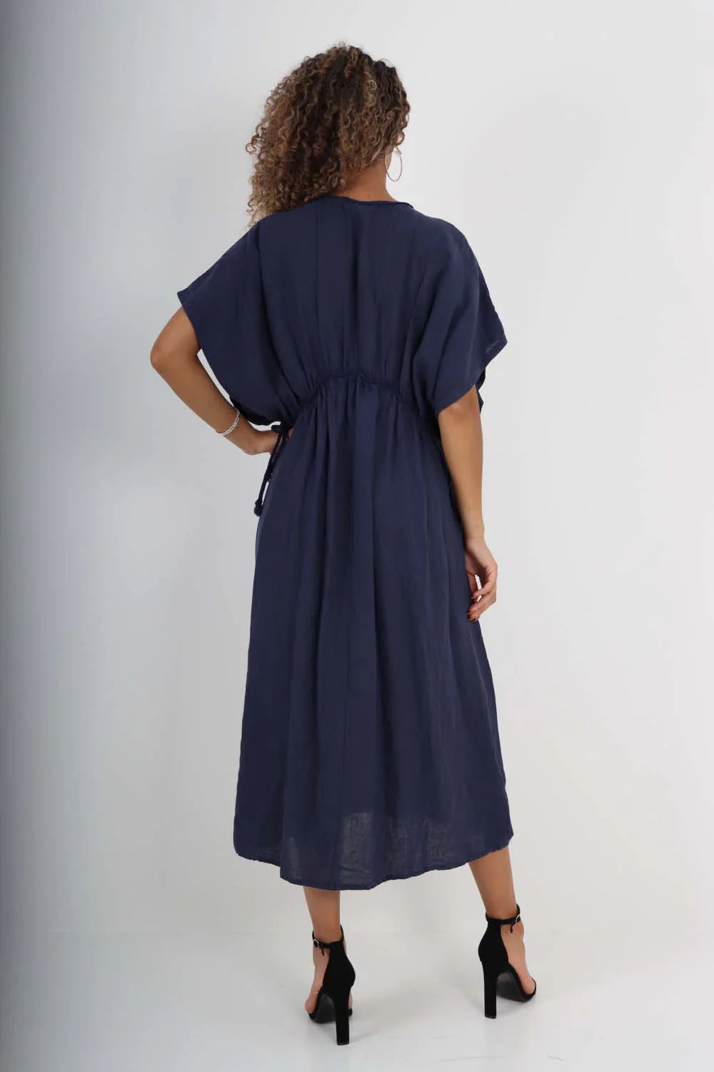 Italian Drawestring Front Flared Linen Dress - Navy Blue