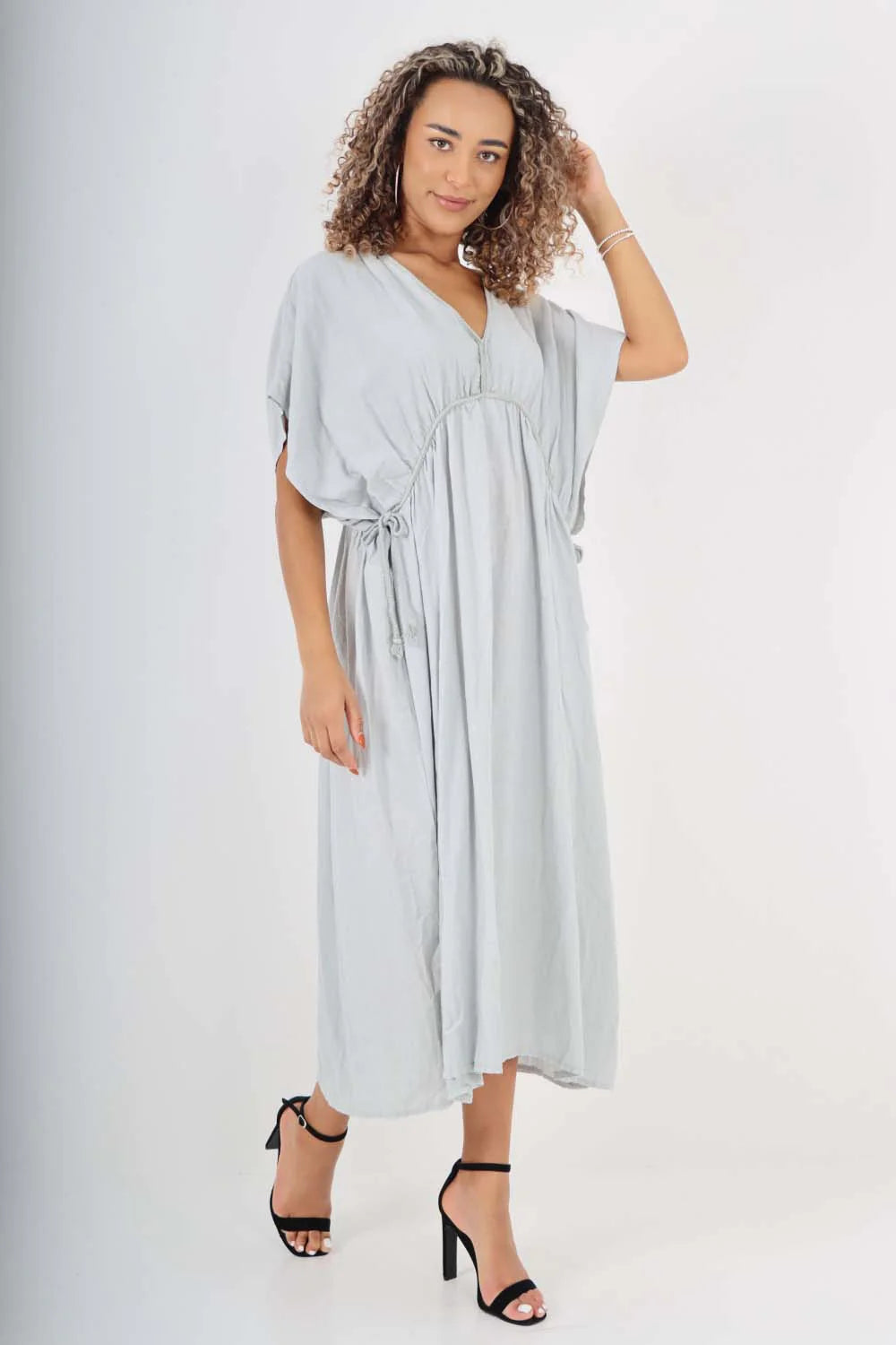 Italian Drawestring Front Flared Linen Dress - Sky Blue