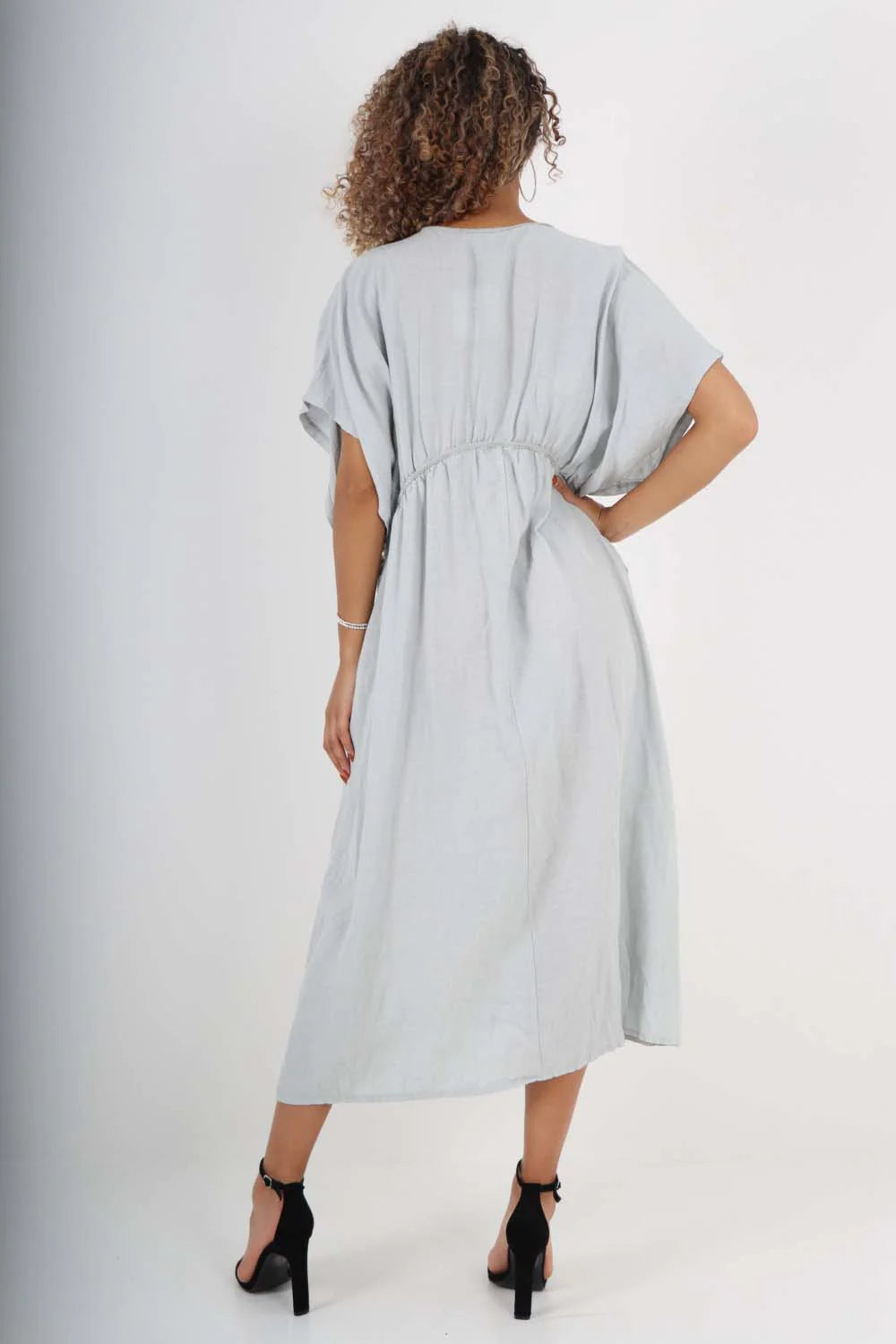 Italian Drawestring Front Flared Linen Dress - Sky Blue