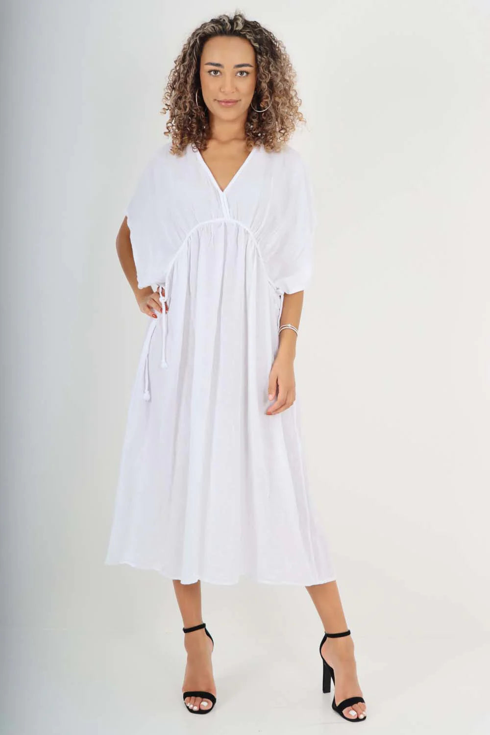 Italian Drawestring Front Flared Linen Dress - White