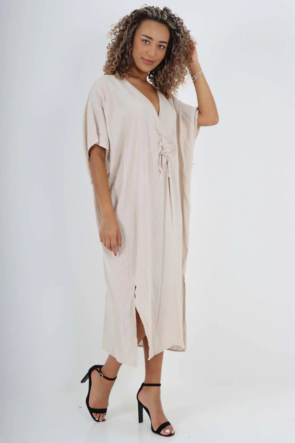 Italian Drawestring Front Side Split Linen Dress - Beige