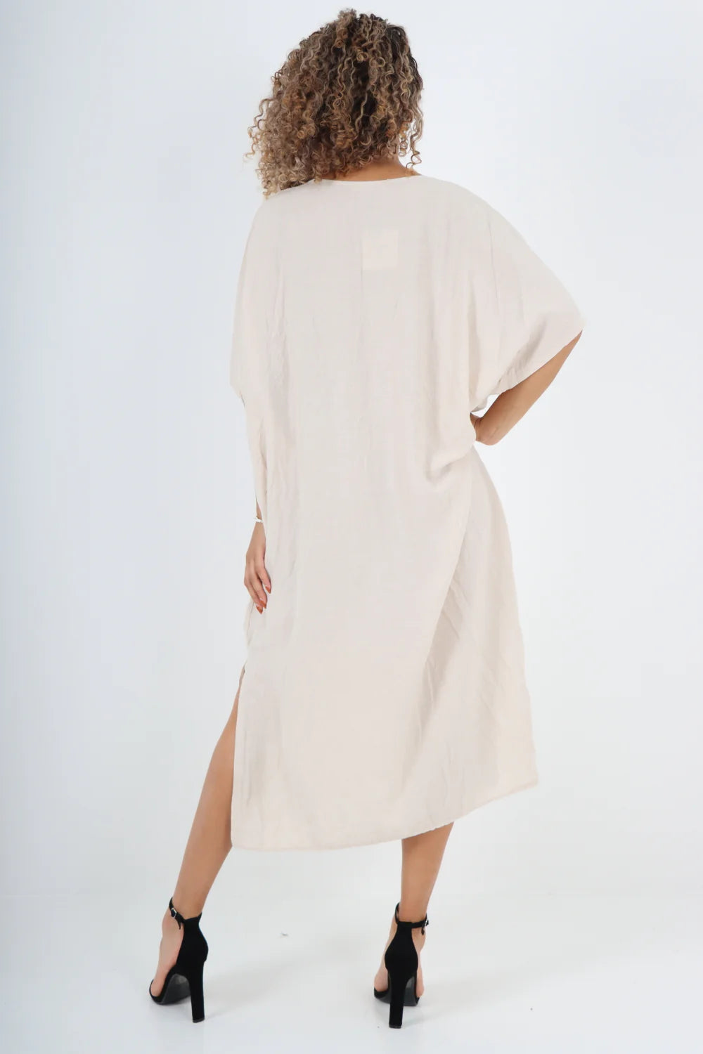 Italian Drawestring Front Side Split Linen Dress - Beige