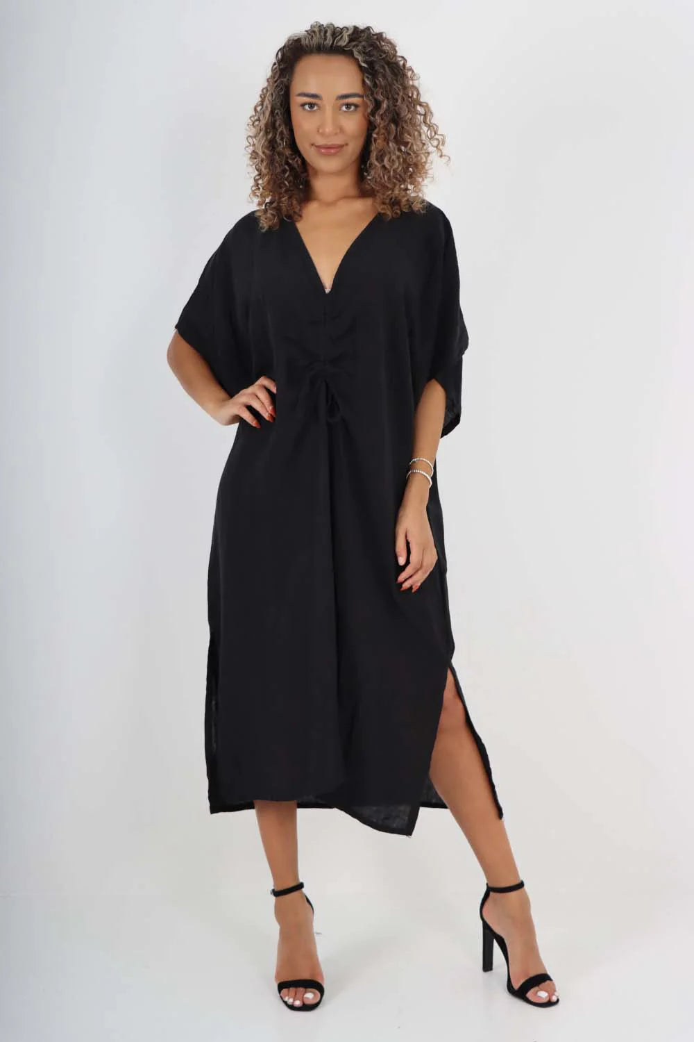 Italian Drawestring Front Side Split Linen Dress - Black