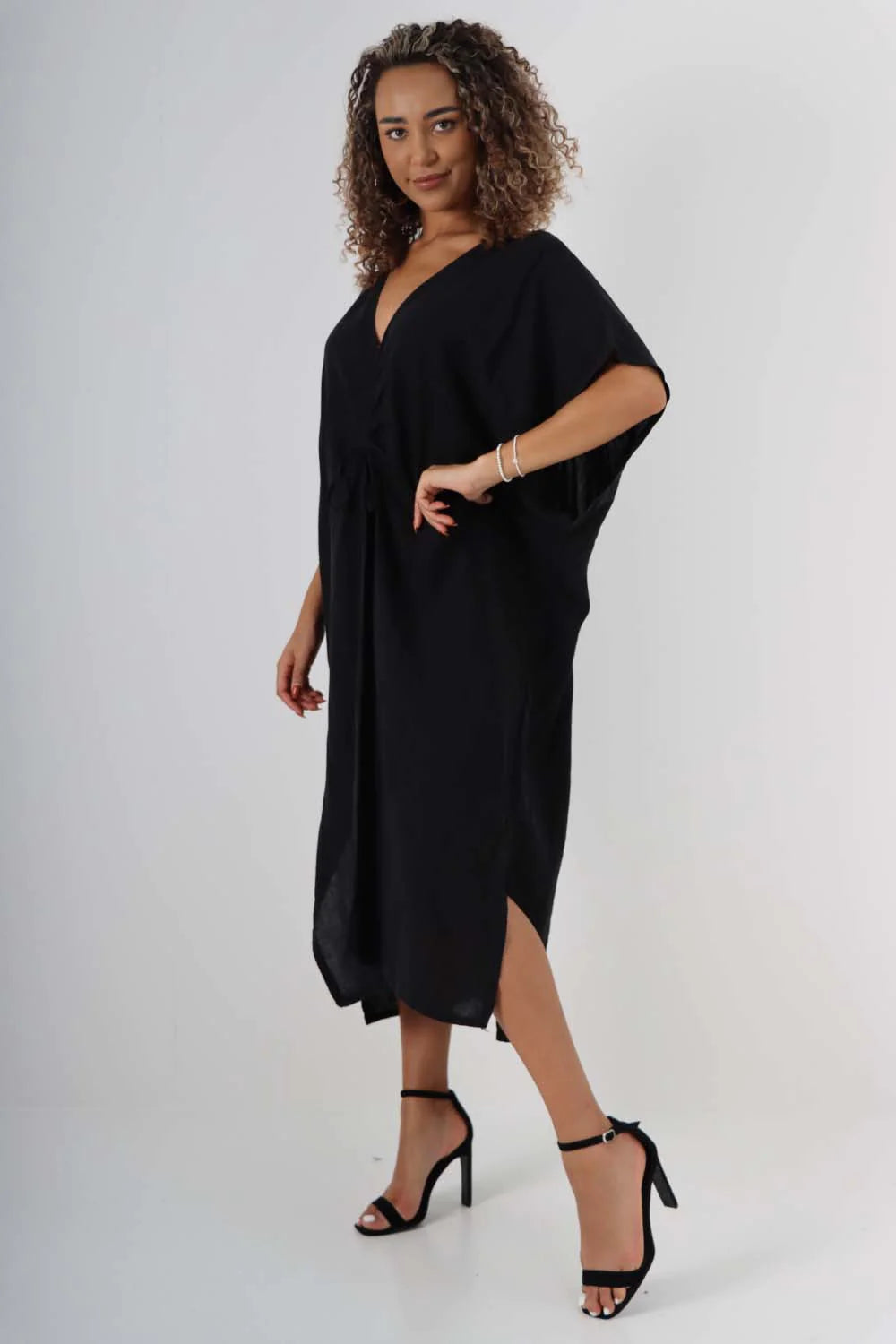 Italian Drawestring Front Side Split Linen Dress - Black