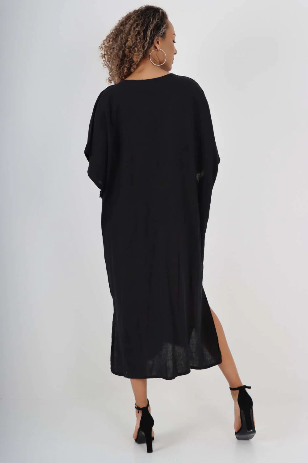 Italian Drawestring Front Side Split Linen Dress - Black