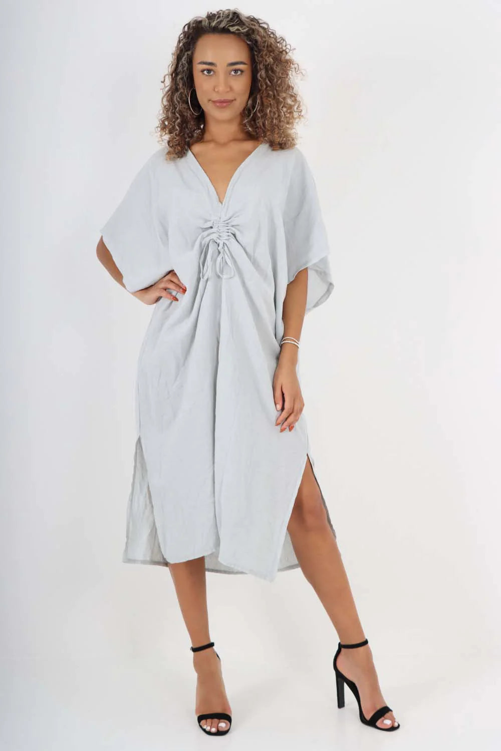 Italian Drawestring Front Side Split Linen Dress - Blue