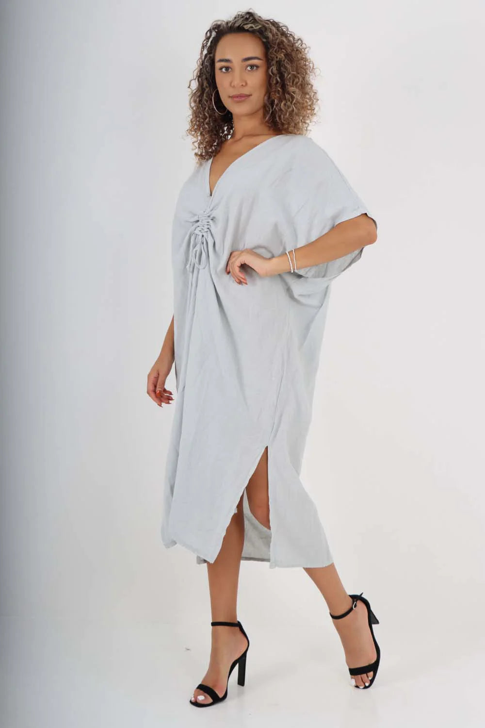 Italian Drawestring Front Side Split Linen Dress - Blue