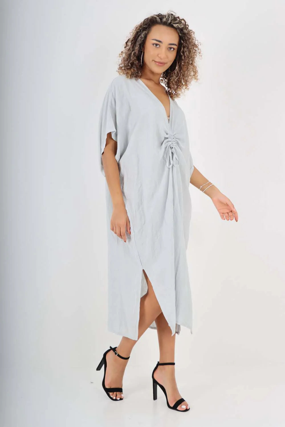 Italian Drawestring Front Side Split Linen Dress - Blue